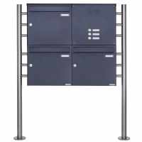 3-compartment Stainless steel free-standing letterbox Design BASIC Plus 381X ST-R with bell box - RAL of your choice