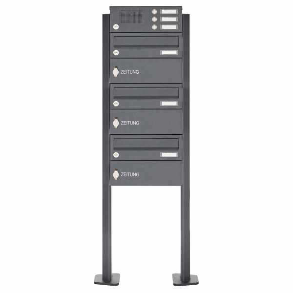 3-compartment free-standing letterbox Design BASIC Plus 385XP ST-T with bell box & newspaper box - RAL of your choice