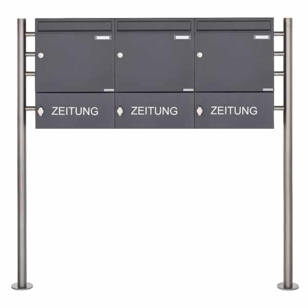 3-compartment 1x3 free-standing letterbox Design BASIC 381 ST-R with closed newspaper box - RAL 7016 anthracite gray
