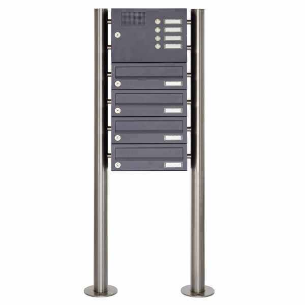 4-compartment 6x1 stainless steel free-standing letterbox Design BASIC Plus 385X ST-R with bell box - RAL of your choice