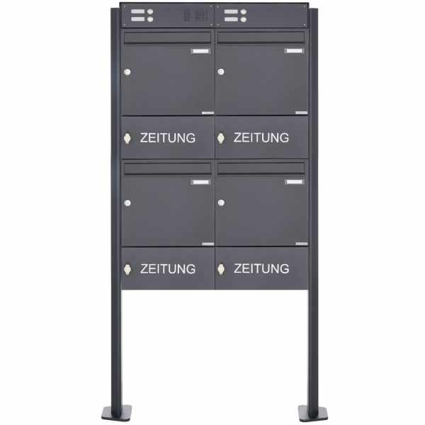 4-compartment free-standing letterbox Design BASIC Plus 380X ST-T with bell box & newspaper box - RAL