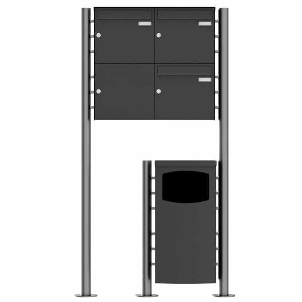 3-compartment 2x2 stainless steel free-standing letterbox Design BASIC Plus 381X ST-R with waste garbage can - RAL of your choice