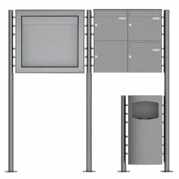 3-compartment 2x2 stainless steel free-standing letterbox Design BASIC Plus 381X ST-R with waste garbage can & showcase