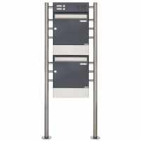 2-compartment 2x1 free-standing letterbox Design BASIC 381 ST-R with bell box &amp; newspaper box - stainless steel RAL 7016