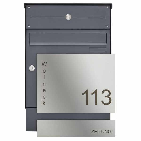 Stainless steel wall-mounted mailbox Fanny 374A with newspaper box & doorbell - Ral of your choice - front cover stainless steel sanded