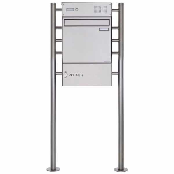 Stainless steel fence mailbox freestanding design BASIC Plus 381XZ ST-R with newspaper box & bell box