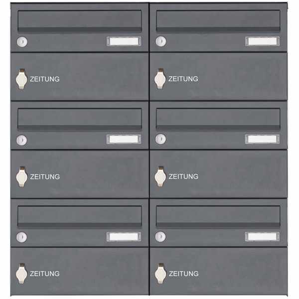6-compartment Stainless steel surface mailbox system Design BASIC 385XA AP with newspaper compartment - RAL of your choice