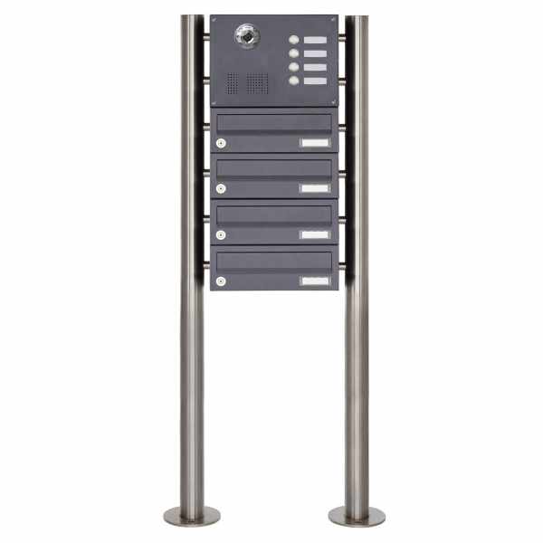 4-compartment Stainless steel free-standing letterbox BASIC Plus 385KX ST-R with bell & voice camera preparation - RAL