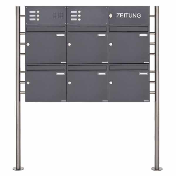 6-compartment free-standing letterbox Design BASIC 381 ST-R with bell box & newspaper box- RAL 7016 anthracite