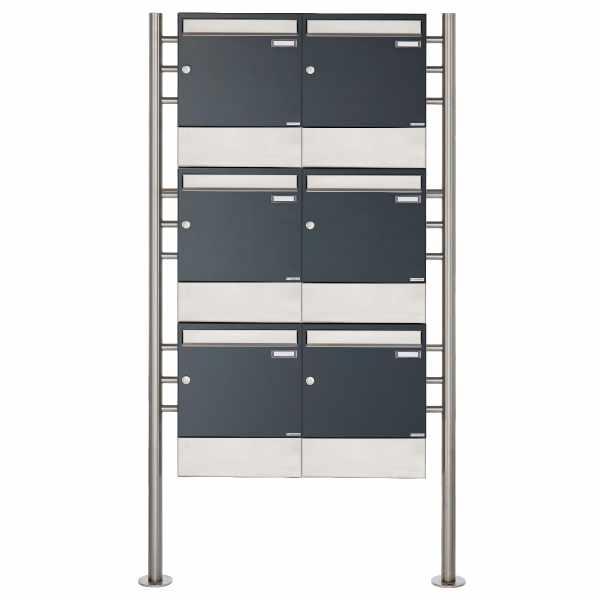 6-compartment 3x2 free-standing letterbox Design BASIC 381 ST-R with newspaper compartment - stainless steel RAL 7016 anthracite gray