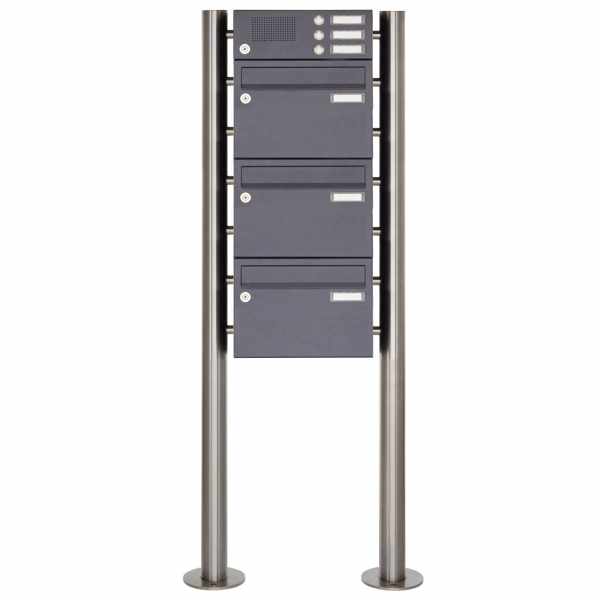 3-compartment Stainless steel free-standing letterbox Design BASIC Plus 385X ST-R with bell box - 220mm - RAL of your choice