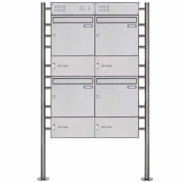4-compartment free-standing letterbox Design BASIC Plus 381X ST-R with bell box & newspaper box - stainless steel