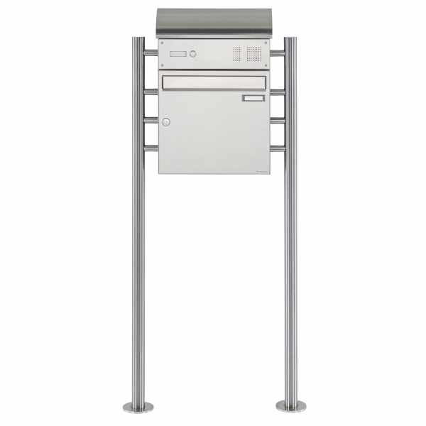 Stainless steel free-standing letterbox Design BASIC 383 ST-R with bell box & newspaper box