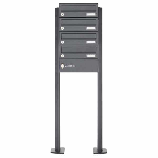 4-compartment free-standing letterbox Design BASIC 385P-7016 ST-T with newspaper box - RAL 7016 anthracite gray