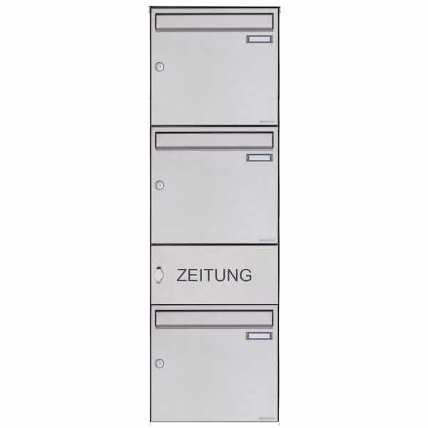 3-compartment Surface mount mailbox Design BASIC Plus 382XA AP with time slot - stainless steel V2A polished