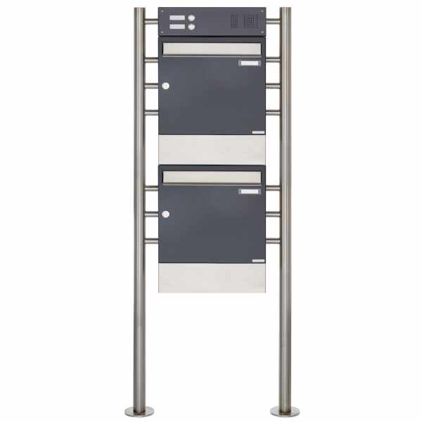 2-compartment 2x1 free-standing letterbox Design BASIC 381 ST-R with bell box & newspaper box - stainless steel RAL 7016