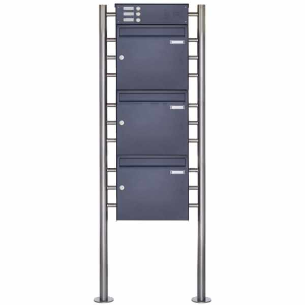 3-compartment Stainless steel free-standing letterbox Design BASIC Plus 381X ST-R with bell box - RAL of your choice