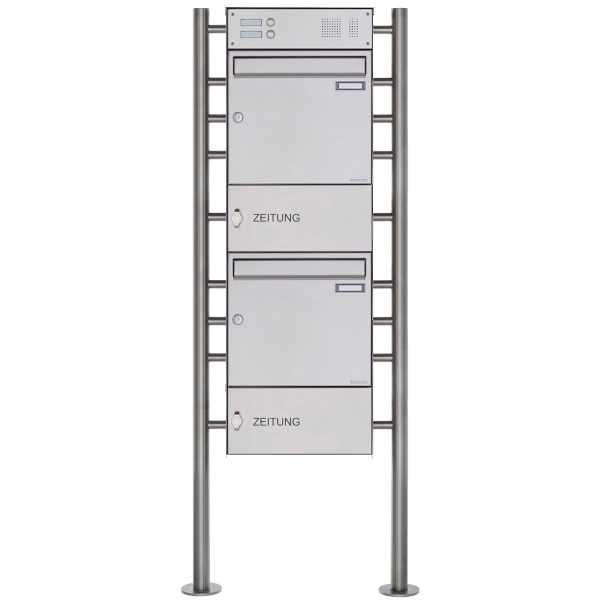 2-compartment free-standing letterbox Design BASIC Plus 381X ST-R with bell box & newspaper box - stainless steel