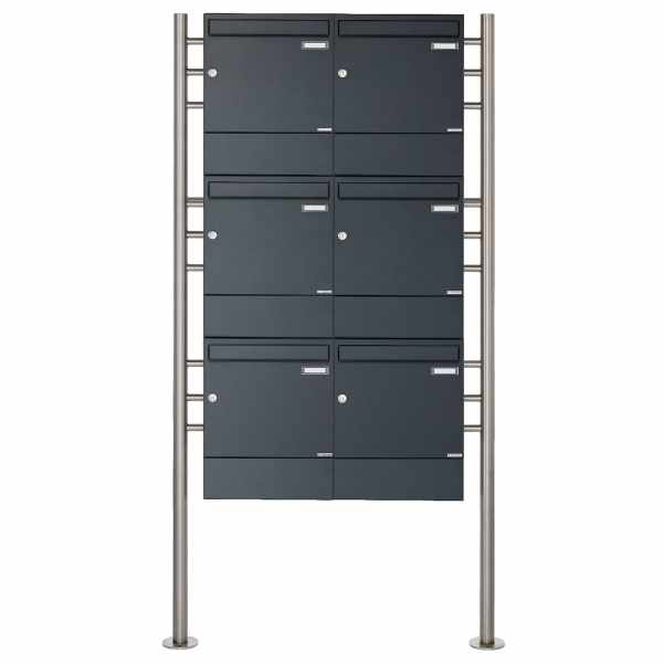 6-compartment 3x2 free-standing letterbox Design BASIC 381 ST-R with newspaper box - RAL 7016 anthracite gray