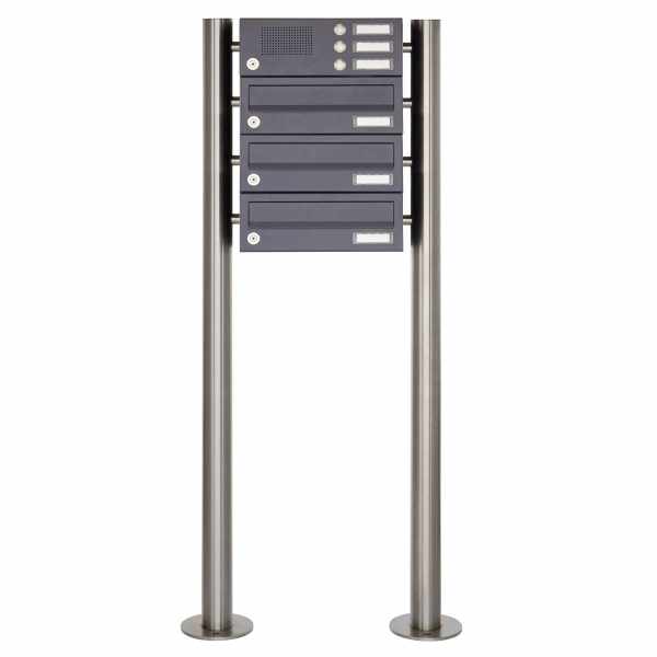 3-compartment 4x1 stainless steel free-standing letterbox Design BASIC Plus 385X ST-R with bell box - RAL of your choice