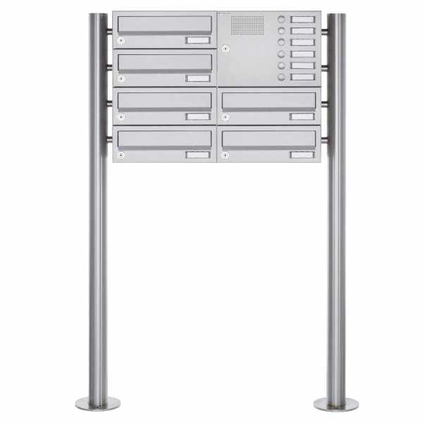 6-compartment free-standing letterbox Design BASIC 385 ST-R with bell box - stainless steel V2A, polished
