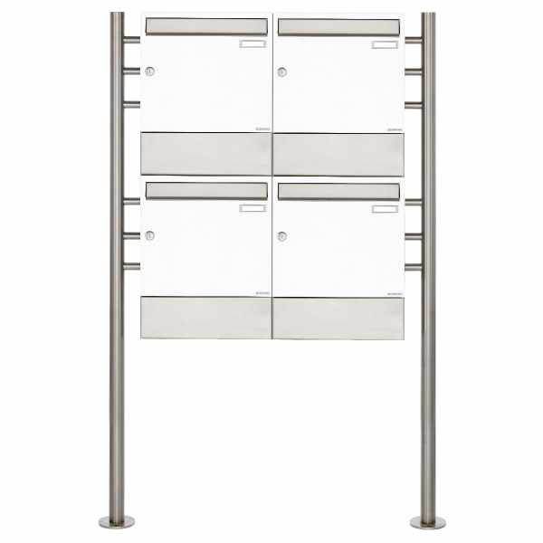 4-compartment 2x2 free-standing letterbox Design BASIC 381 ST-R with newspaper compartment - RAL 9016 traffic white