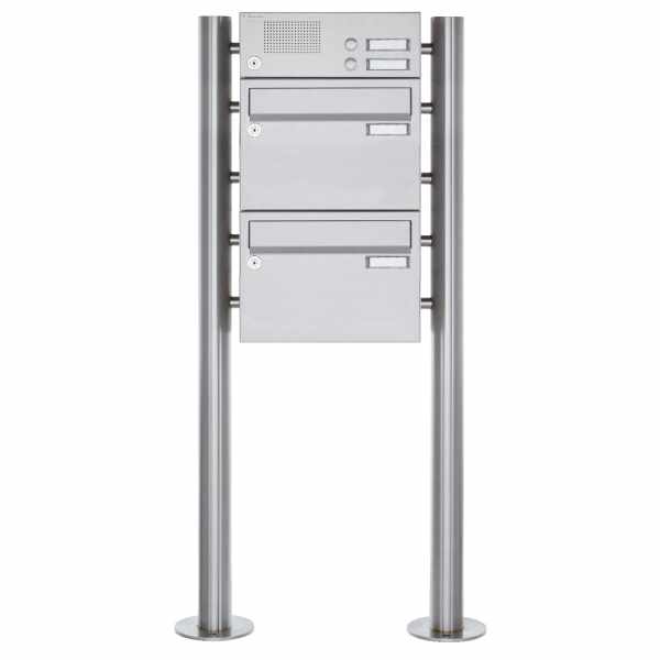 2-compartment Stainless steel free-standing letterbox Design BASIC Plus 385XR220 ST-R with bell box