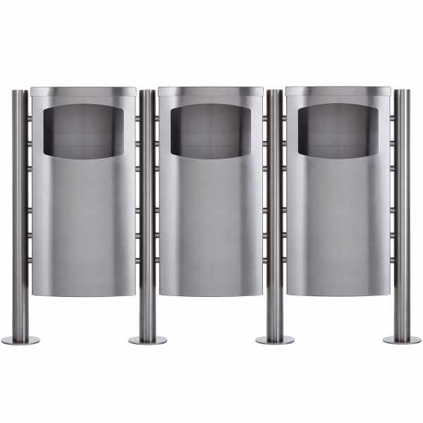 3-compartment waste bin - Design BASIC 650X - 45 litres - polished stainless steel