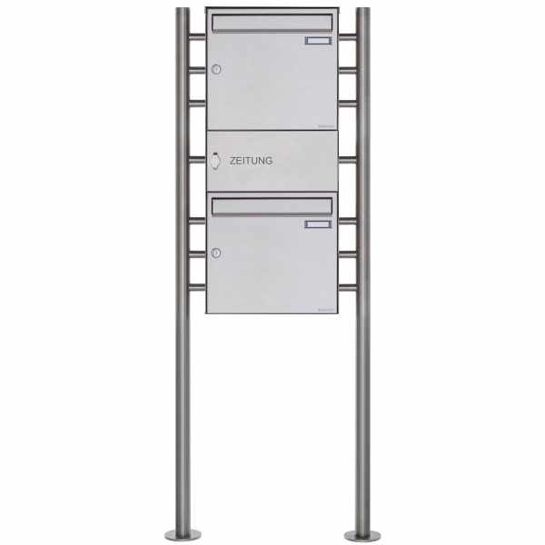 2-compartment Stainless steel free-standing letterbox Design BASIC Plus 381X ST-R with closed newspaper box