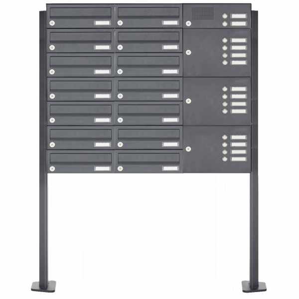 14-compartment Letterbox system freestanding design BASIC 385P with bell box - RAL 7016 anthracite gray