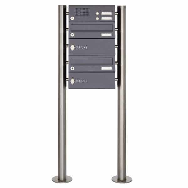 2-compartment Stainless steel free-standing letterbox BASIC Plus 385X ST-R with bell box & newspaper box - RAL of your choice