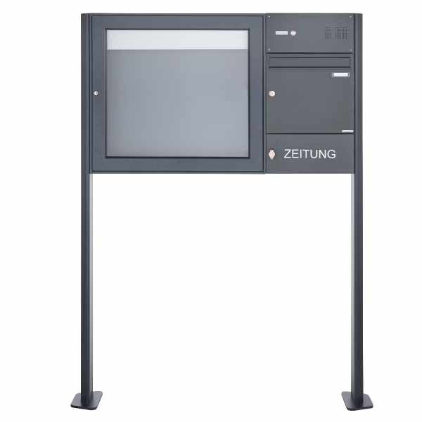 free-standing letterbox with showcase BASIC 3894 ST-T - bell box & newspaper box - 710x660 - RAL 7016