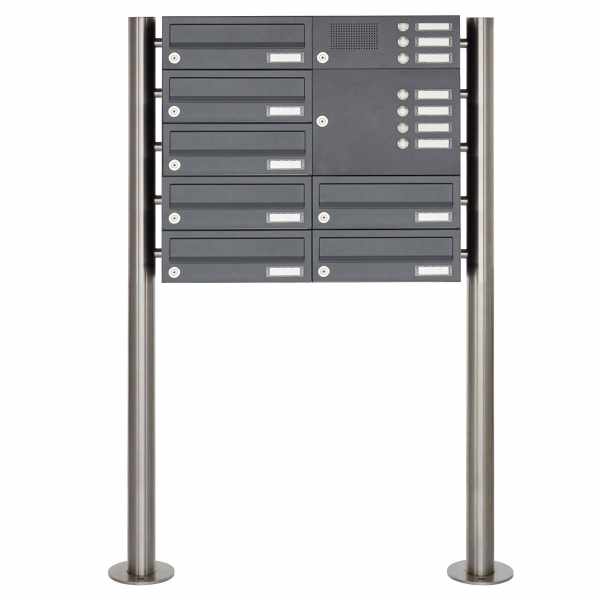 7-compartment Stainless steel free-standing letterbox Design BASIC Plus 385X ST-R with bell box - RAL of your choice