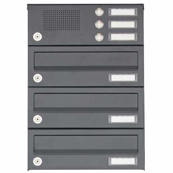 3-compartment Surface mounted mailbox system Design BASIC 385A AP with bell box - RAL 7016 anthracite gray