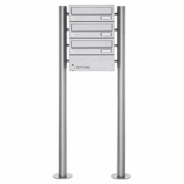 3-compartment free-standing letterbox Design BASIC 385-VA ST-R with newspaper compartment - stainless steel V2A, polished