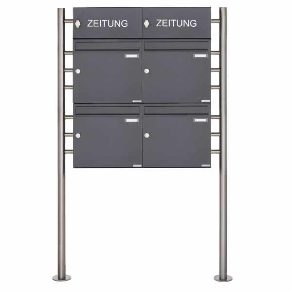 4-compartment 2x2 free-standing letterbox Design BASIC 381 ST-R with 2x newspaper box closed - RAL 7016 anthracite