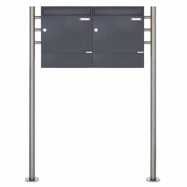 2-compartment 1x2 free-standing letterbox Design BASIC 381 ST-R with newspaper box - RAL 7016 anthracite gray