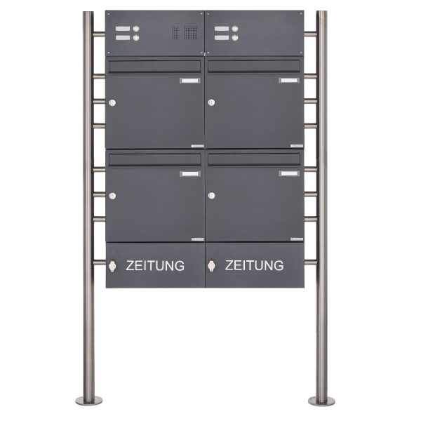 4-compartment free-standing letterbox Design BASIC 381 ST-R with bell box & newspaper box- RAL 7016 anthracite