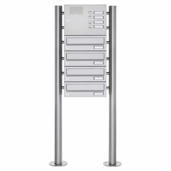 4-compartment free-standing letterbox Design BASIC 385 ST-R with bell box - stainless steel V2A polished