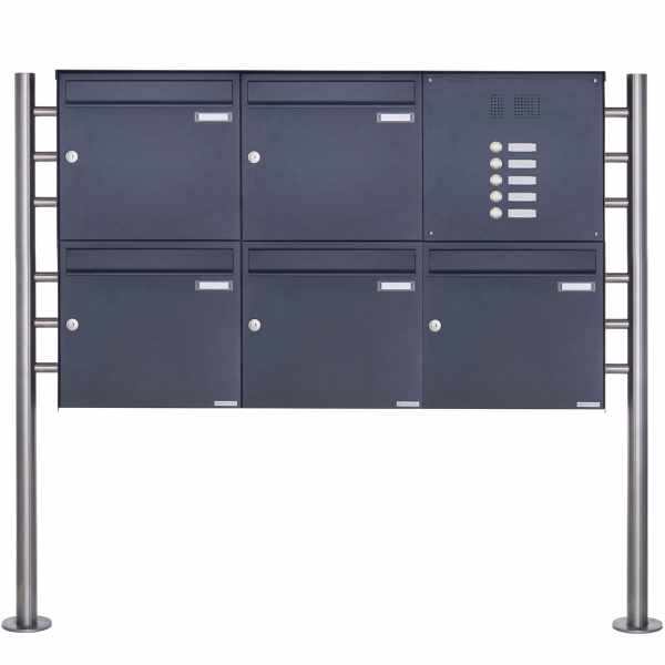 5-compartment Stainless steel free-standing mailbox BASIC Plus 381X ST-R with bell box - RAL of your choice