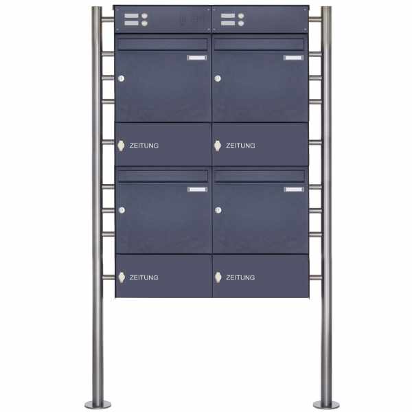 4-compartment Stainless steel free-standing letterbox Design BASIC Plus 381X ST-R with bell box & newspaper box - RAL