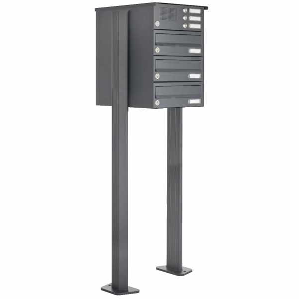 3-compartment free-standing letterbox Design BASIC 385P ST-T with bell box - RAL 7016 anthracite gray