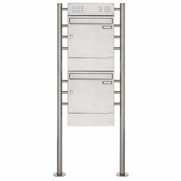 2-compartment 2x1 stainless steel free-standing letterbox Design BASIC 381 ST-R with bell box & newspaper box
