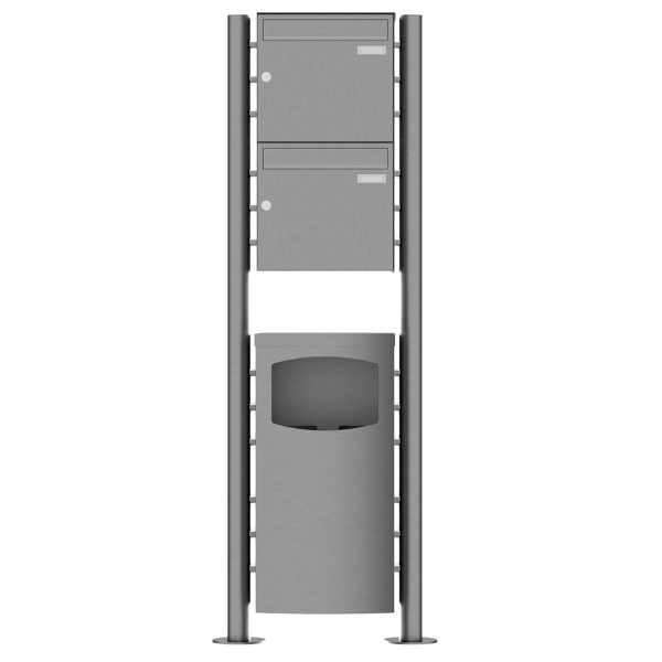 2-compartment free-standing letterbox Design BASIC Plus 381X ST-R with waste garbage can - stainless steel V2A polished