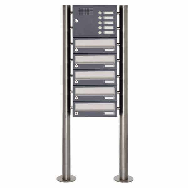 5-compartment free-standing letterbox Design BASIC 385-7016 ST-R with bell box - stainless steel RAL 7016 anthracite gray