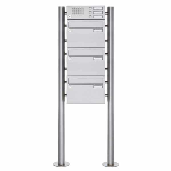 3-compartment Stainless steel free-standing letterbox Design BASIC Plus 385XR220 ST-R with bell box