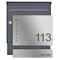 Stainless steel wall-mounted mailbox Fanny 374A with newspaper box - RAL of your choice - front cover stainless steel sanded