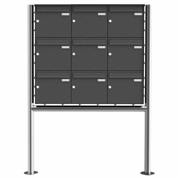 9-compartment 3x3 stainless steel mailbox freestanding design BASIC Plus 381X ST-R - RAL of your choice