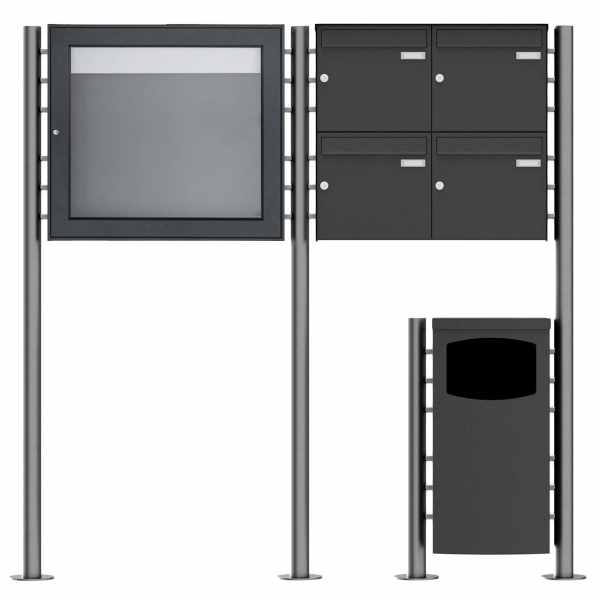 4-compartment 2x2 free-standing letterbox Design BASIC Plus 381X ST-R with waste garbage can & showcase - RAL color