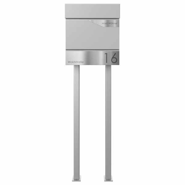 Free-standing letterbox KANT with newspaper compartment - Design Avantgarde 1 - RAL 9007 gray aluminum